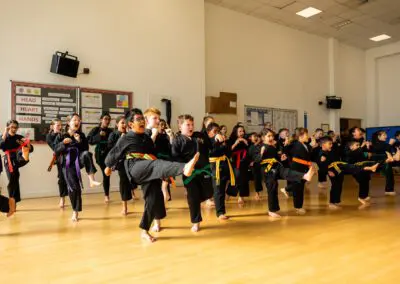 Photo of students and instructor using combinations in Karate class