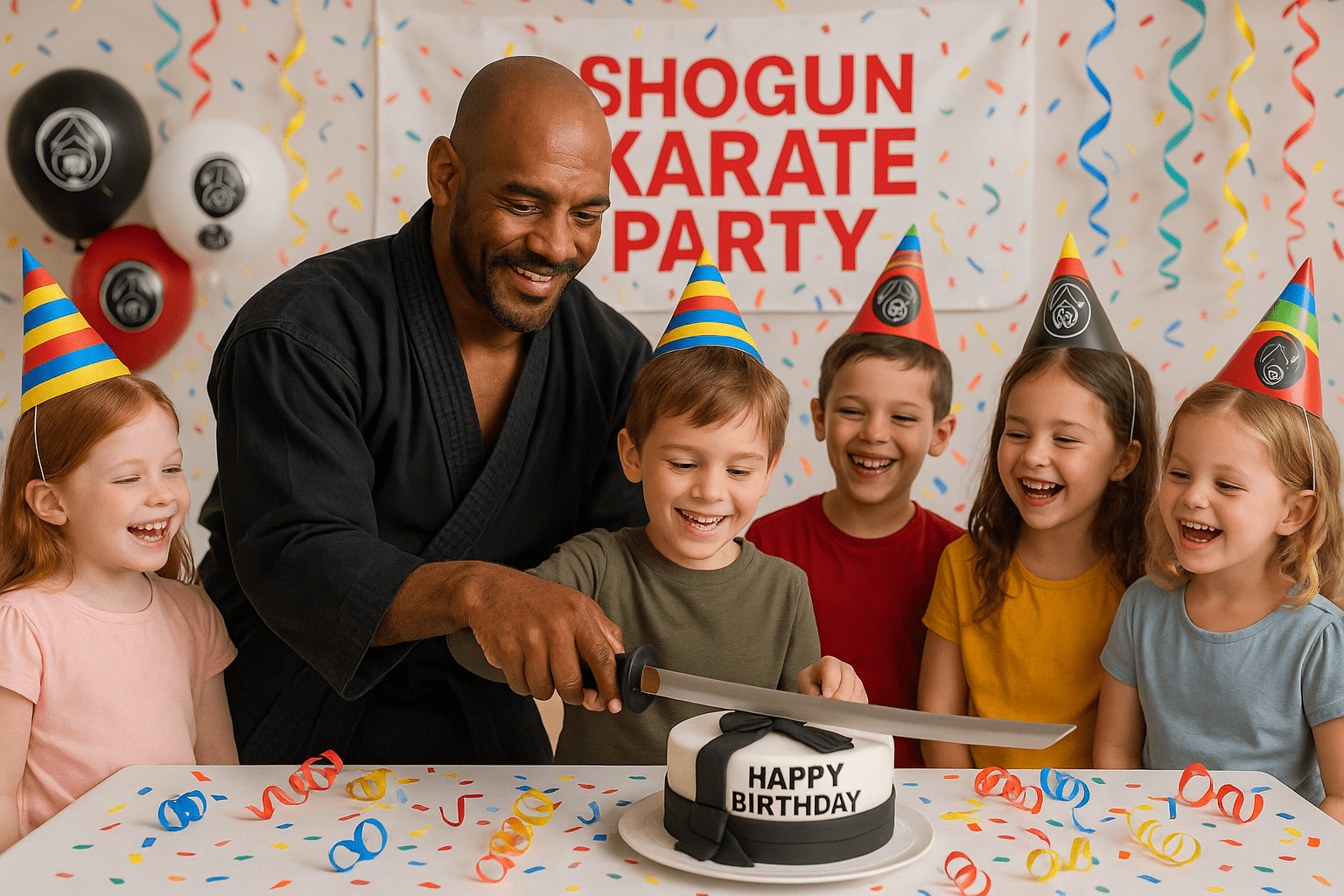 Image oif an instructor and children cutting a birthday cake with a samurai sword