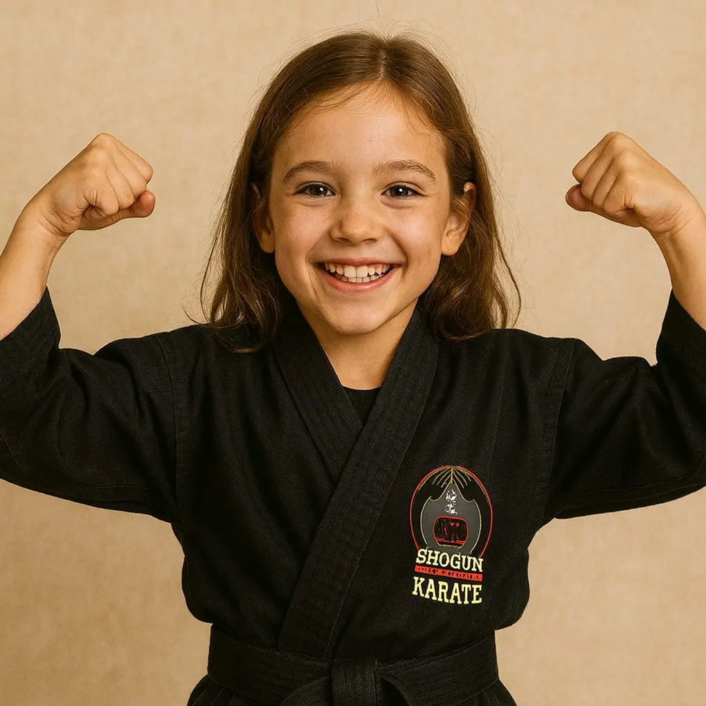 Image of a smiling girl flexing her muscles