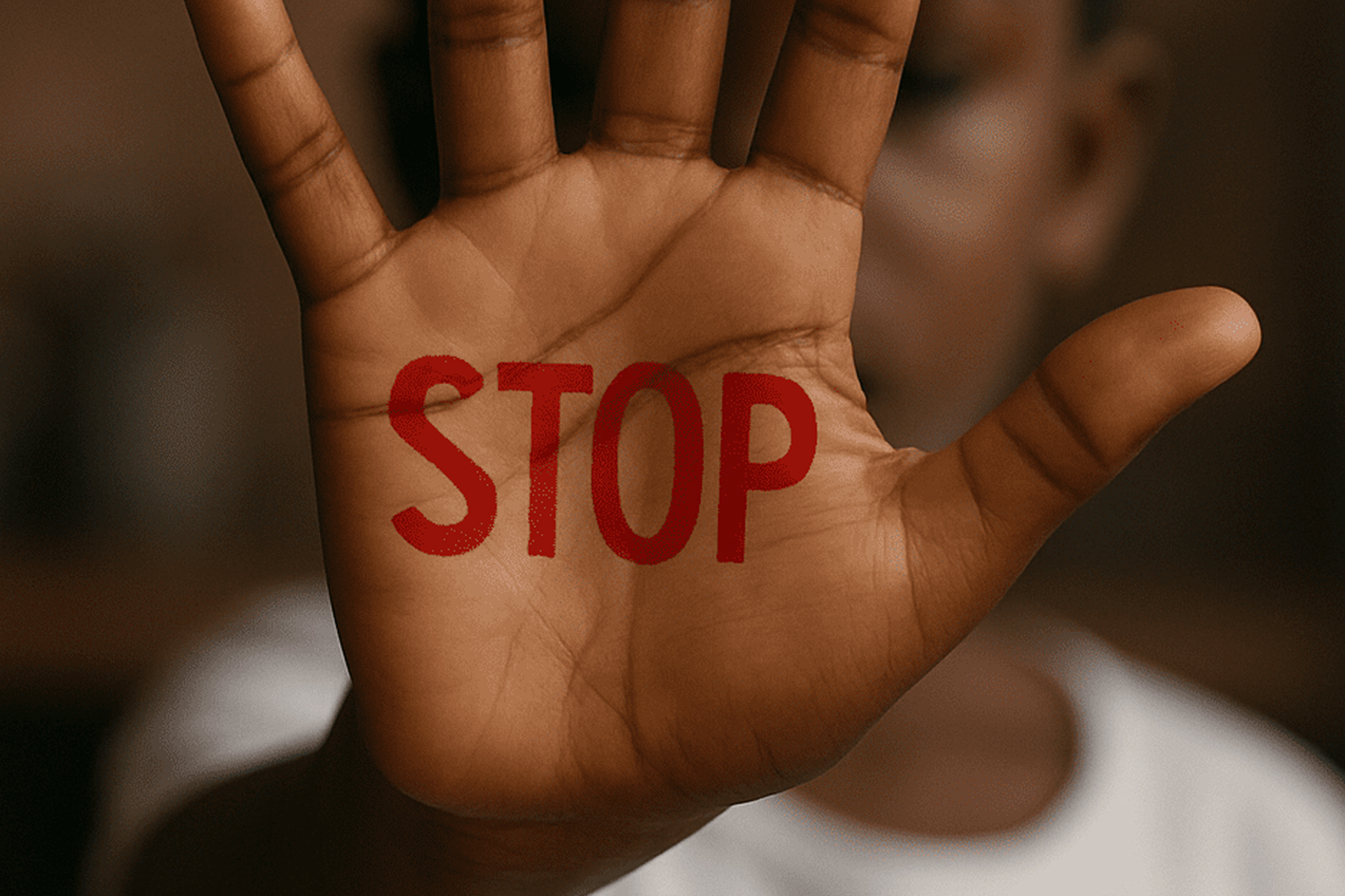 Image of a child holding his hand up with the word stop written on his palm